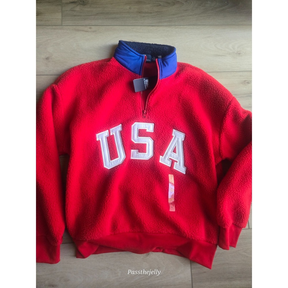 Polo Ralph Lauren Mens USA Fleece Pullover Medium Red Sherpa 1/4 Zip Sweatshirt